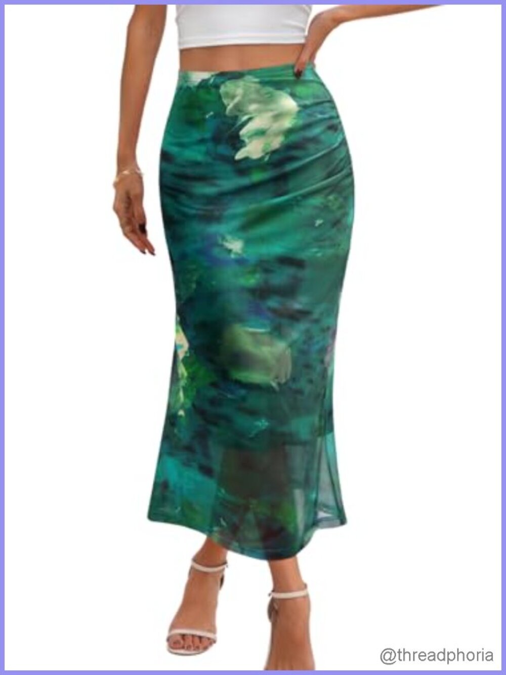 Women's Floral Mesh Midi Skirt High Waist Ruched Boho Bodycon